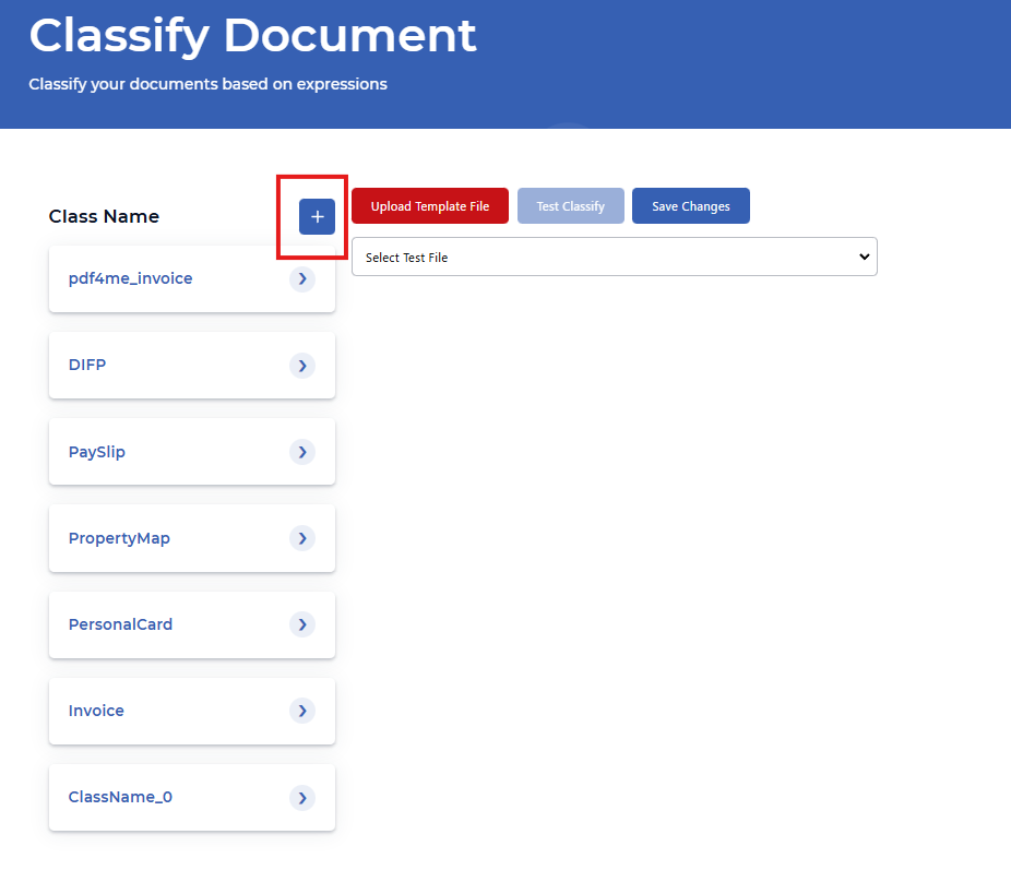 Classify Document page: Class Name + button, class list, Upload Template File, Test Classify, Save Changes, Select Test File
